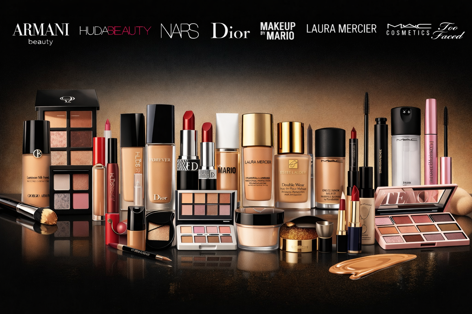 Collection of makeup products from various brands on a dark background